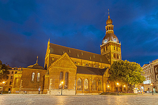 历史建筑,里加,圆顶,大教堂,夜晚,拉脱维亚