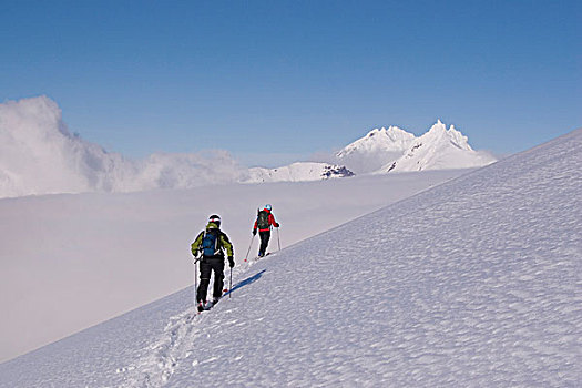 两个,滑雪,登山者,攀登,山,阿留申群岛,远景