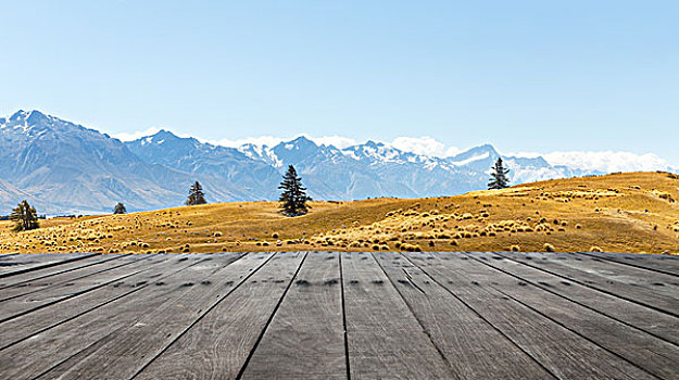 空,木地板,草场,靠近,雪,山,蓝天