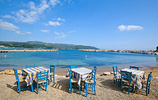 桌子,椅子,旅游,餐馆,海景,希腊