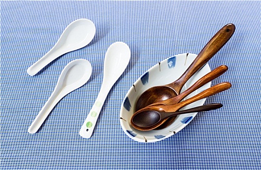 木勺,白色,碗,三个,陶瓷,勺子,蓝色背景,背景