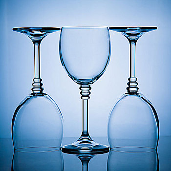 蓝色调,三个,葡萄酒杯,排列
