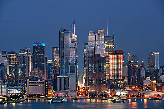 曼哈顿,市中心,摩天大楼,纽约,天际线,夜晚