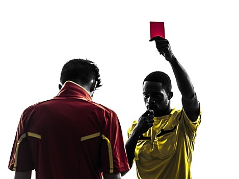 两个男人,球员,裁判,展示,红牌,剪影