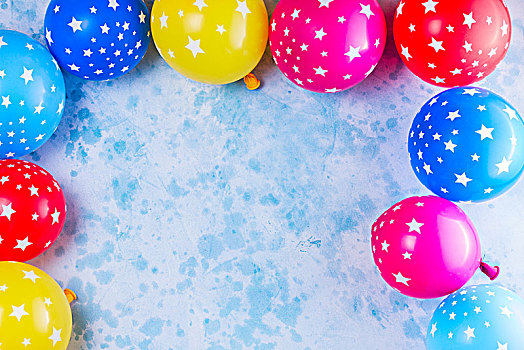 鲜明,彩色,节庆,聚会,场景,气球,蓝色背景,桌子,风格,生日,贺卡,留白