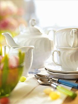 白色,茶具,复活节餐桌