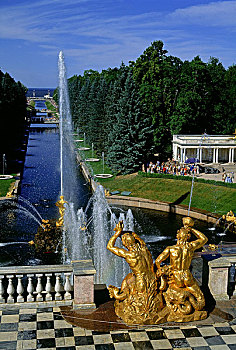 圣彼得堡城市景点,海洋运河全景,绿荫喷泉