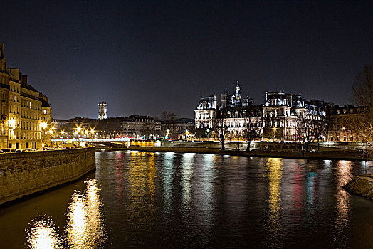 法国,巴黎,市政厅,夜晚