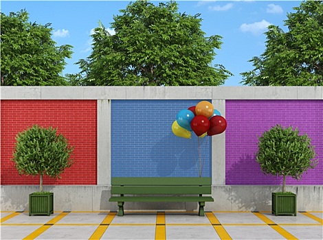 街道,长椅,彩色,气球