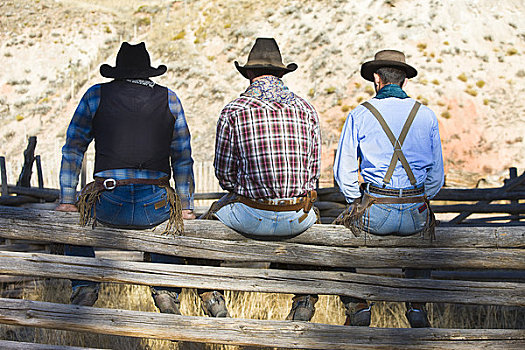 三个,牛仔,坐,畜栏,栅栏