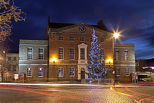 英格兰,萨默塞特,大,圣诞树,装饰,正面,市场,房子,城镇中心