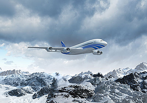白色,客机,飞,蓝天,高处,山,雪