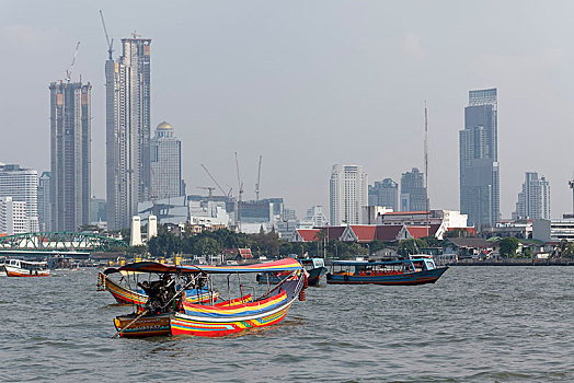 船,湄南河,天际线,金融区,曼谷,泰国,亚洲