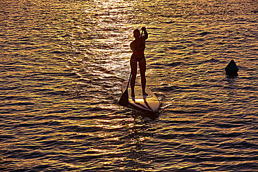 站立,冲浪,女孩,船桨,日落