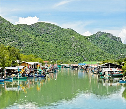 渔村,石灰石,山,泰国