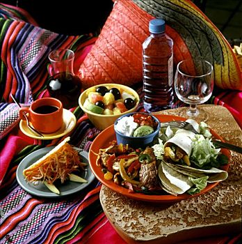墨西哥,菜单,玉米饼,水果沙拉,咖啡