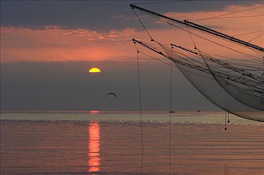 渔网,海岸,日出,红色,天空,海洋