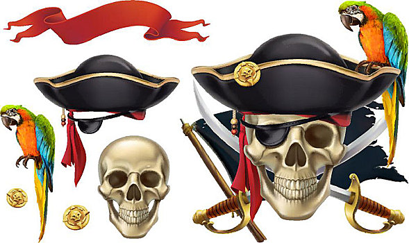 头骨,鹦鹉,海盗,象征,矢量