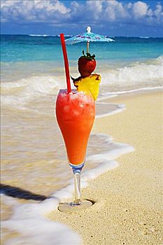 热带,鸡尾酒,海滩,洗,沙子