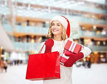 高兴,寒假,圣诞节,人,概念,微笑,少妇,圣诞老人,帽子,礼盒,购物袋,上方,购物中心,背景