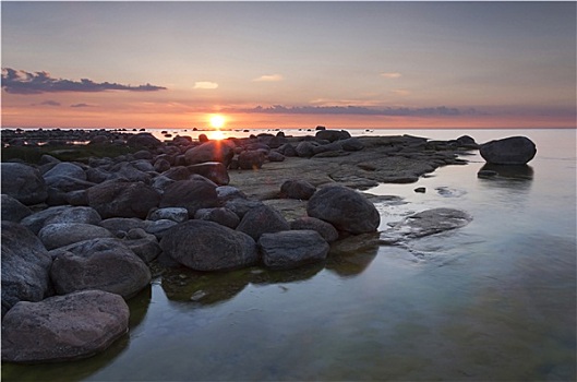 日落,后面,岩石海岸
