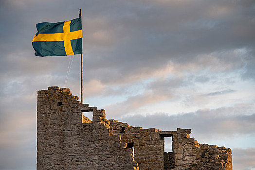 瑞典,旗帜,中世纪城市,墙壁,世界遗产,维斯比,哥特兰岛,岛屿,欧洲