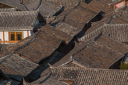 云南,大理古镇,俯瞰,旧建筑,屋顶,瓦片,夕阳,小镇,中国