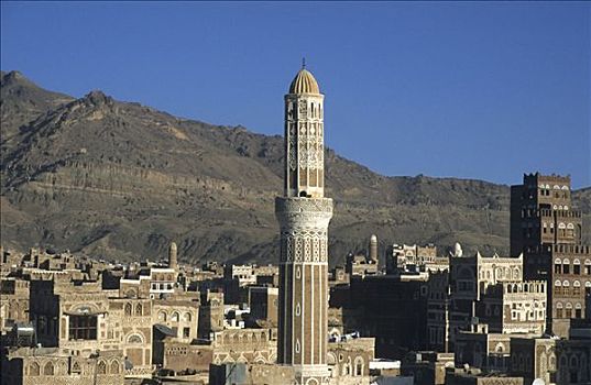 屋顶,尖塔,历史,中心,萨那,也门,中东