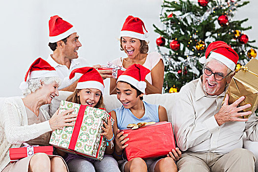 兴奋,家庭,圣诞礼物,沙发