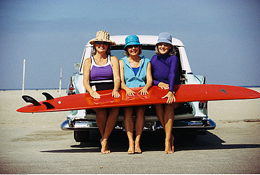 三个,女人,拿着,冲浪板
