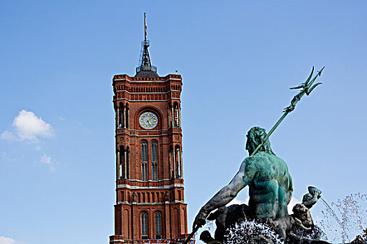 市政厅,塔,海王星喷泉,红色,柏林,德国,欧洲