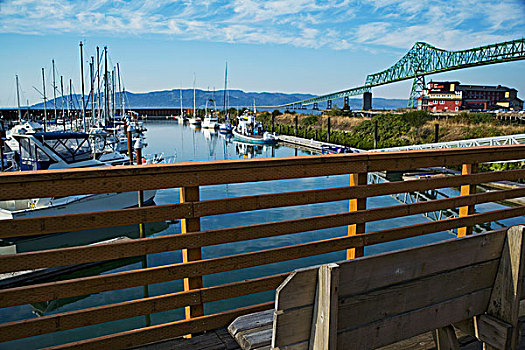 长椅,远眺,港口,风景,桥,阿斯托里亚,俄勒冈,美国
