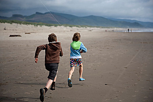 儿童,跑,海滩,飞,风筝