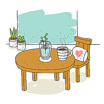 咖啡杯,桌上,盆栽,背景