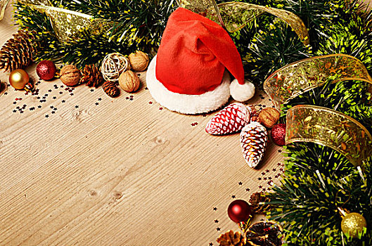 新年,装饰,圣诞帽,木桌子