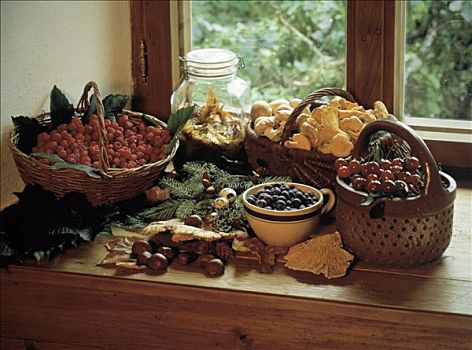 水果,蘑菇,厨房,窗台