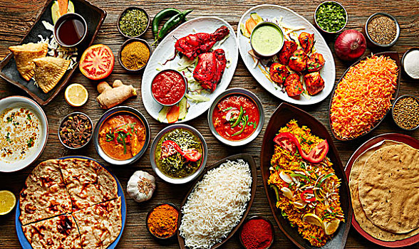 种类,印度,烹饪,食物,多样,调味品,米饭,木桌子