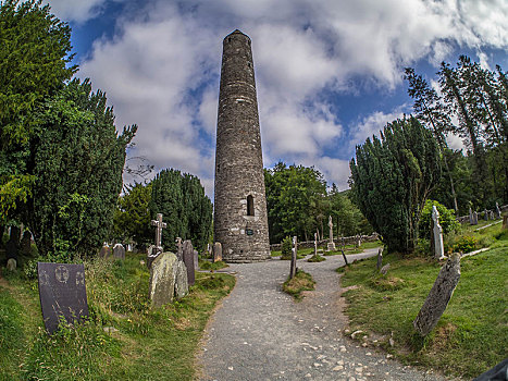 圆塔,墓地,格兰达洛,寺院,威克洛郡,爱尔兰,欧洲