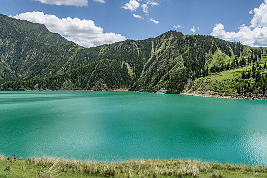 中国新疆夏季蓝天白云下g217独库公路沿途雪山草原森林湖泊