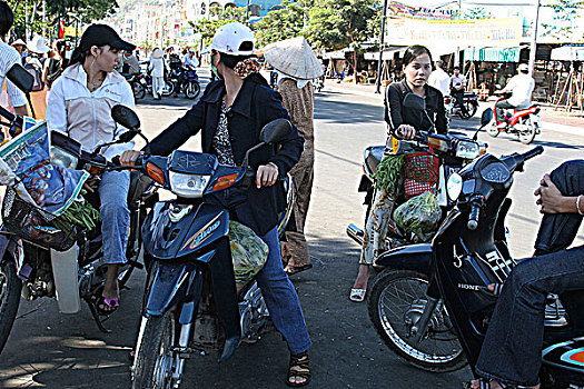 女人,摩托车,市场,越南