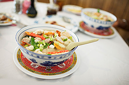 碗,中国,汤,虾,鸡肉,蔬菜