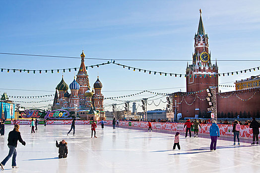 滑冰场,红场,冬天,大教堂,背影,塔,克里姆林宫,右边,莫斯科,俄罗斯,欧洲