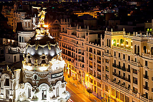 城市建筑,爱德菲斯,远眺,奶奶,道路,夜晚,马德里,西班牙,欧洲