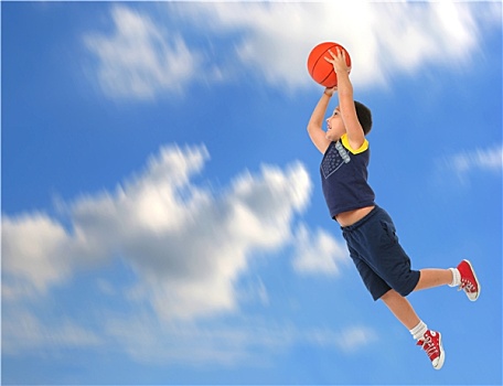 男孩,玩,篮球,飞,跳跃