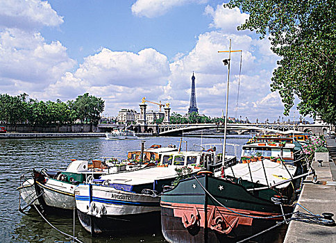 法国,巴黎,港口,驳船,赛纳河,河