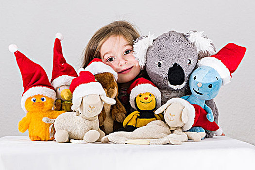 女孩,3岁,长毛绒,玩具,穿,圣诞老人,帽子