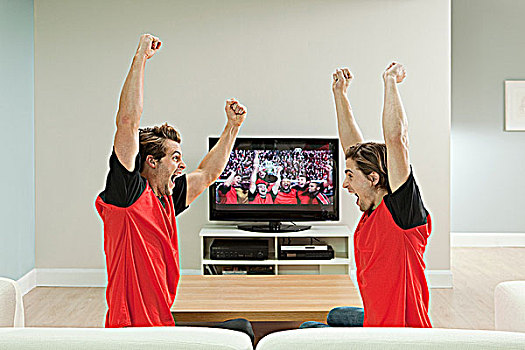 两个,年轻,男人,穿,足球,衬衫,看,电视