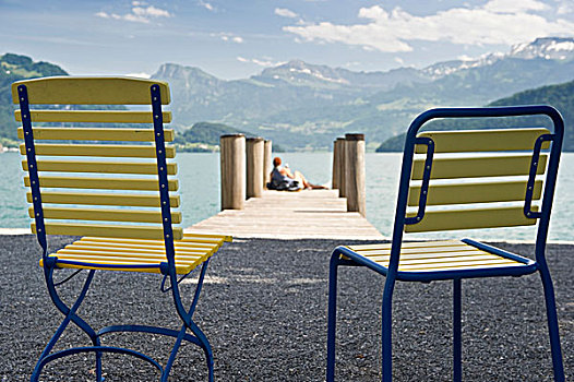 黄色,椅子,站立,湖岸,散步场所,韦吉斯,琉森湖,瑞士,欧洲