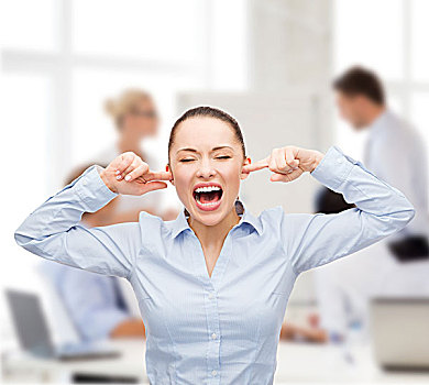 商务,办公室,压力,概念,愤怒,叫,职业女性