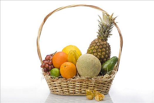 进口水果,篮子,菠萝,甜瓜,葡萄,橘子,柠檬,酸浆属植物,鳄梨